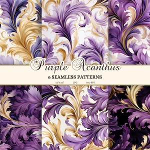 Barockes Digital Papier, königliches Purpur und Gold Akanthus, verzierte Barocke Blumen Schriftrollen Nahtlose Texturen, Barocke Junk Journal Bedruckbares Papier