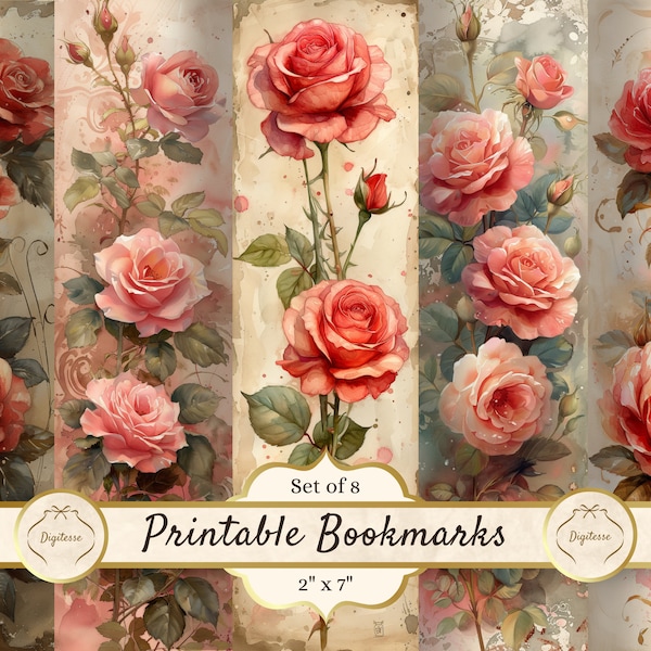 Printable Bookmarks Shabby Chic, Rococo Roses Bookmarks, DIY Gifts for Readers, French Country Aesthetic Printables, Junk Journal Components