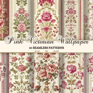 Rosa Viktorianische Nahtlose Muster, Viktorianische Puppenhaus Tapete zum Ausdrucken, Junk Journal Seiten Vintage, Floral gestreiftes Dekorpapier JPG