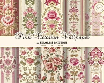 Motifs victoriens sans couture roses, papier peint maison de poupée victorienne imprimable, pages de journal indésirable vintage, papier décoratif à rayures florales JPG