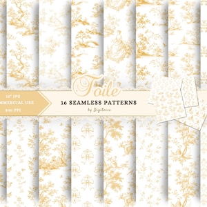 Gele toile-download, naadloos patroonpapier voor de lente, Shabby Chic Junk Journal Paper, Cottagecore-decoupagepapier, rococo ambachtelijk papier