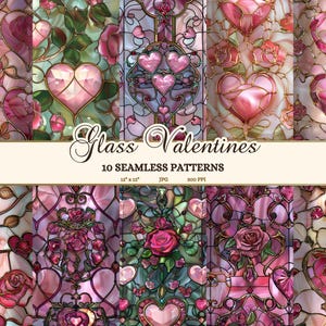 Puede incluir: Diez patrones de papel digital sin costuras que presentan diseños de vidrieras con corazones, rosas y enredaderas de color rosa, rojo y dorado. Los patrones miden 12 pulgadas por 12 pulgadas y 300 píxeles por pulgada.