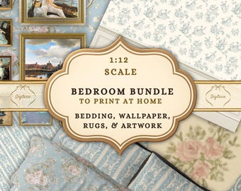 1:12 Scale French Country Bedroom Bundle, Toile Floral Wallpaper, Bedding, Rugs (Digital Download)