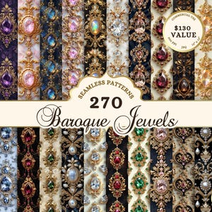 バロック ジュエリー シームレス パターン バンドル、バロック ペーパー ジェムストーン JPG、水彩宝石クリップアート、ロイヤル バロック ジャンク ジャーナル ペーパー プリンタブル