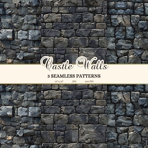 May include: A seamless pattern of a dark gray stone wall. The wall is made of rough, uneven stones with a lot of texture. The pattern is perfect for use in digital design projects.
