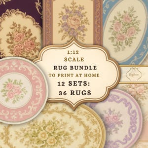 May include: A digital collection of 1:12 scale rug designs for home printing, featuring 12 sets and 36 rugs. The patterns include floral motifs in pink, purple, yellow, and cream, framed by ornate borders in various shapes like circles and ovals.