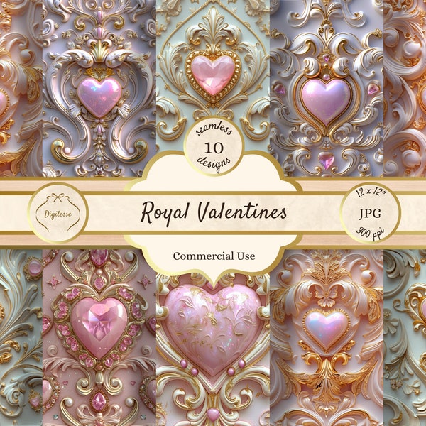 Fond de coeurs roses rococo JPG, bijoux baroques motifs sans couture Saint-Valentin, pages imprimables du Royal Junk Journal, papier rose et or