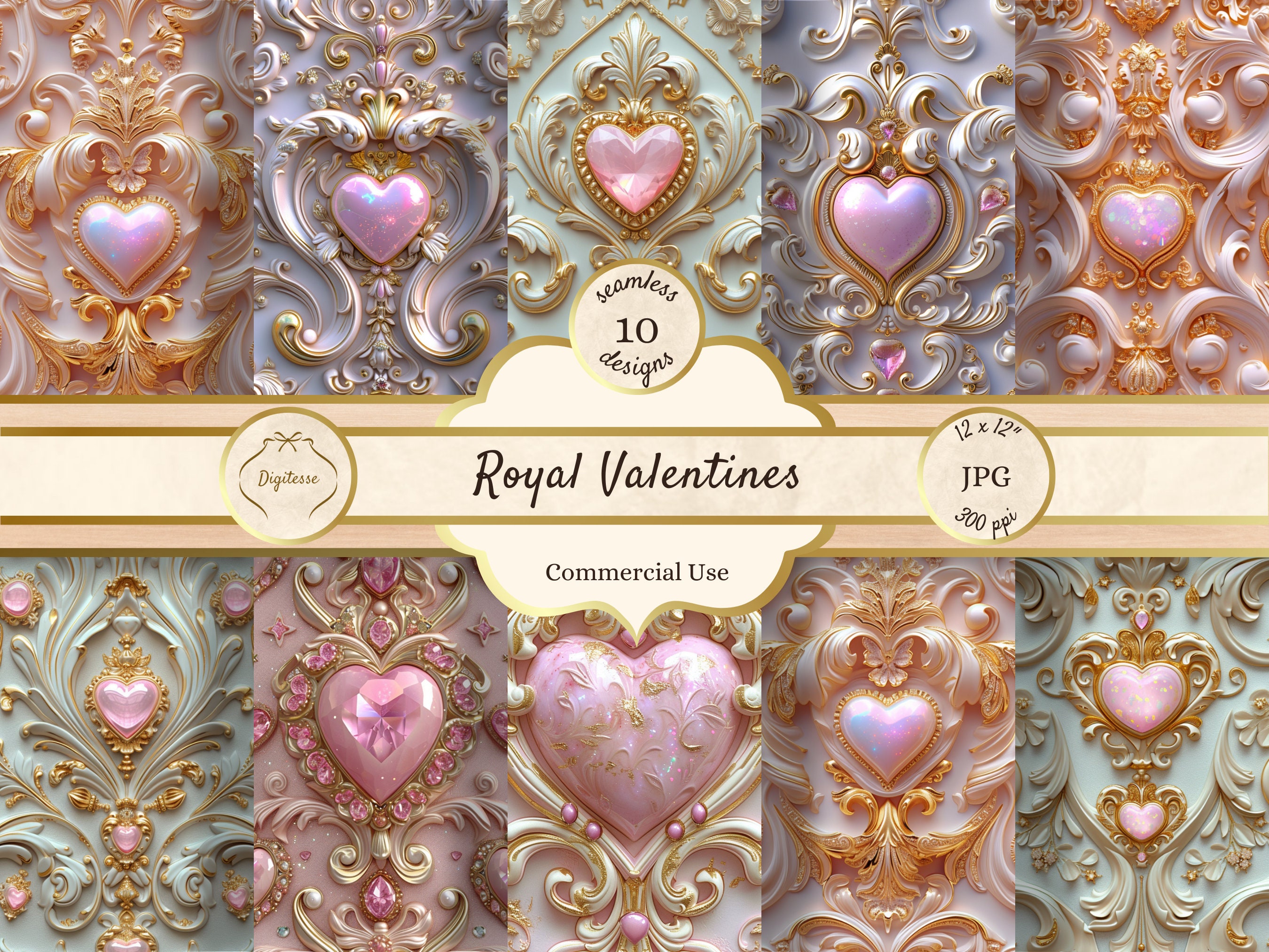 Rococo Pink Hearts Background JPG, Baroque Jewel Seamless Patterns ...