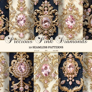 Rokoko rosa Diamanten nahtlose Muster, Marie Antoinette Junk Journal druckbare Seiten, Royalcore Juwel Clipart, rosa Barock Edelsteine JPG