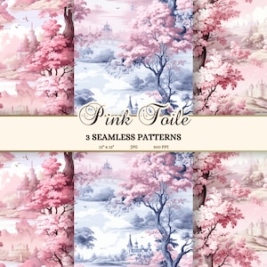 Naadloos roze toile digitaal papier, rococo-behang shabby chic jpg, Frans land afdrukbaar papier, blush roze toile de jouy scrapbooking
