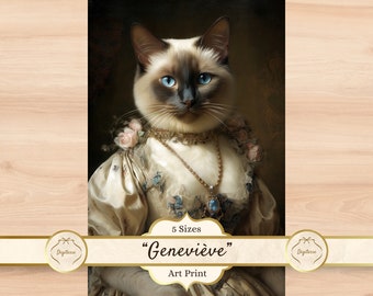 Decoración de gato siamés, lámina rococó de gato siamés, retrato de gato real, póster de gato disfrazado, regalo de gato siamés, arte mural de gato siamés princesa