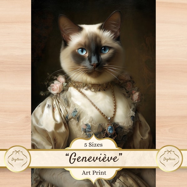 Décor de chat siamois, impression d’art rococo de chat siamois, portrait de chat royal, affiche de chat costumé, cadeau de chat siamois, art mural de chat siamois princesse