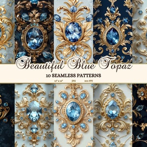 Papel para scrapbook barroco topázio azul suíço, páginas para impressão de diário de joias rococó, padrão sem costura de pedras preciosas azul-celeste, JPG de luxo real