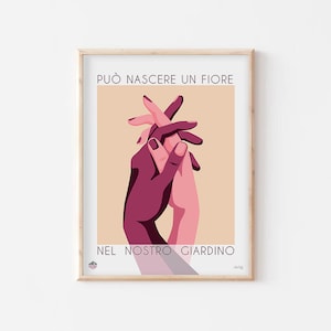 Può includere: Un poster con sfondo pesca che presenta due mani intrecciate. Le mani sono rosa e marroni e il testo recita "PUO' NASCEERE UN FIORE NEL NOSTRO GIARDINO".