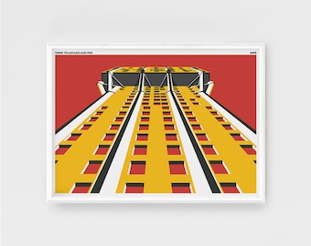 May include: A minimalist illustration of a tall, yellow building with red windows against a red background. The building is viewed from a low angle, giving the impression of looking up at a skyscraper. The text "TORRE VELASCA MILANO 1958" is at the top of the image.