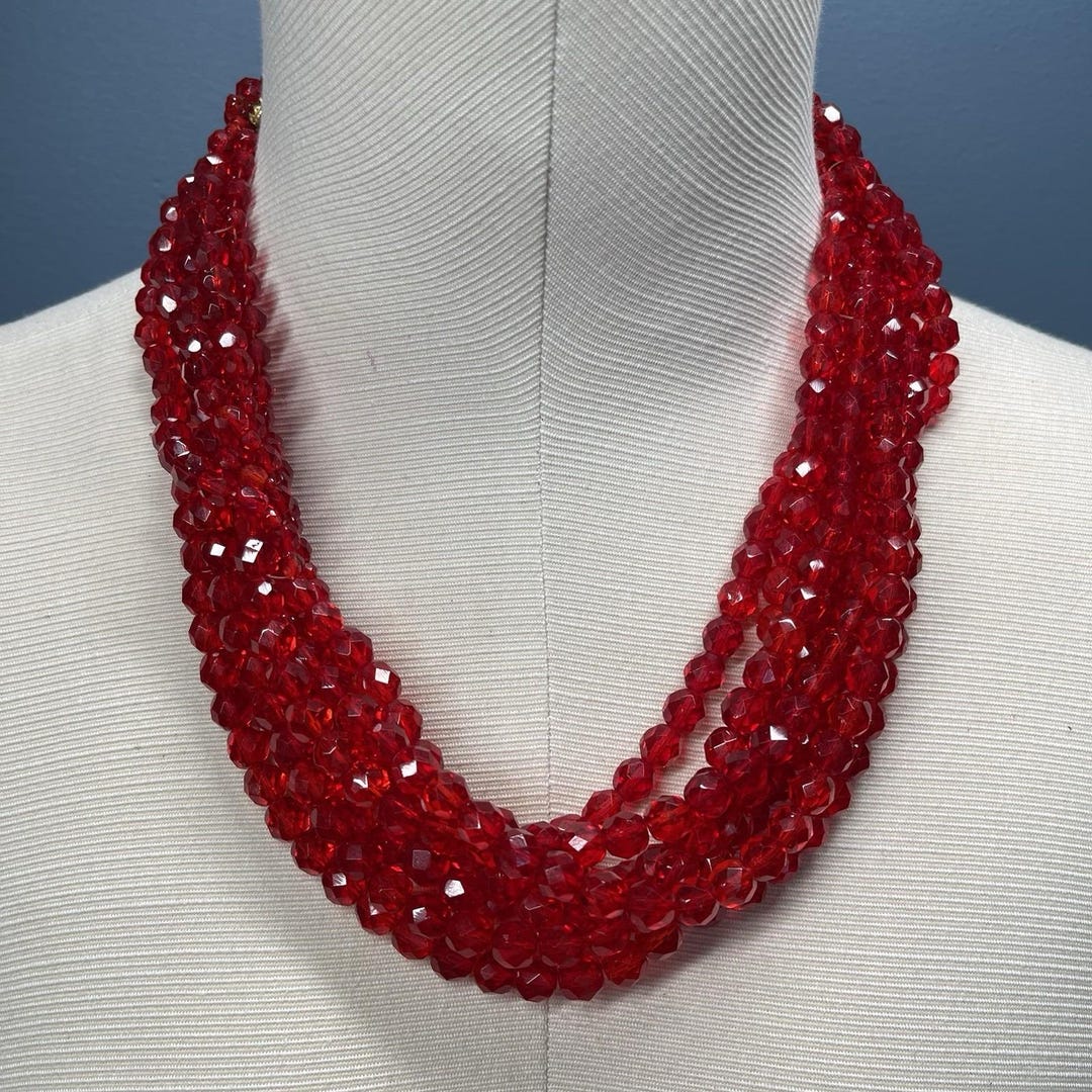 COPPOLA E TOPPO 1960s Ruby Red Crystals Multi-strand Torsade Necklace ...