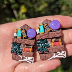 Witchy Bookshelves - Handmade Polymer Clay Earrings - Witch Altar -