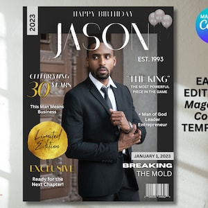 Sjabloon tijdschriftomslag, verjaardag tijdschriftomslag, sjabloon tijdschriftomslag afstuderen, aangepast tijdschrift, verjaardagsflyer, verjaardagsuitnodiging