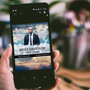 May include: A digital memorial card for Bryce Davidson, 1973-2000. The card features a photo of Bryce against a cloudy sky with angel wings. It includes details for a public visitation and celebration of life.