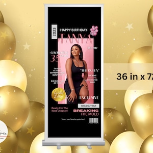 Birthday Banner, Anniversary Banner, Magazine Cover Banner, Banner Template, Birthday Party Banner, Party Banner, Pink Banner, Black Banner