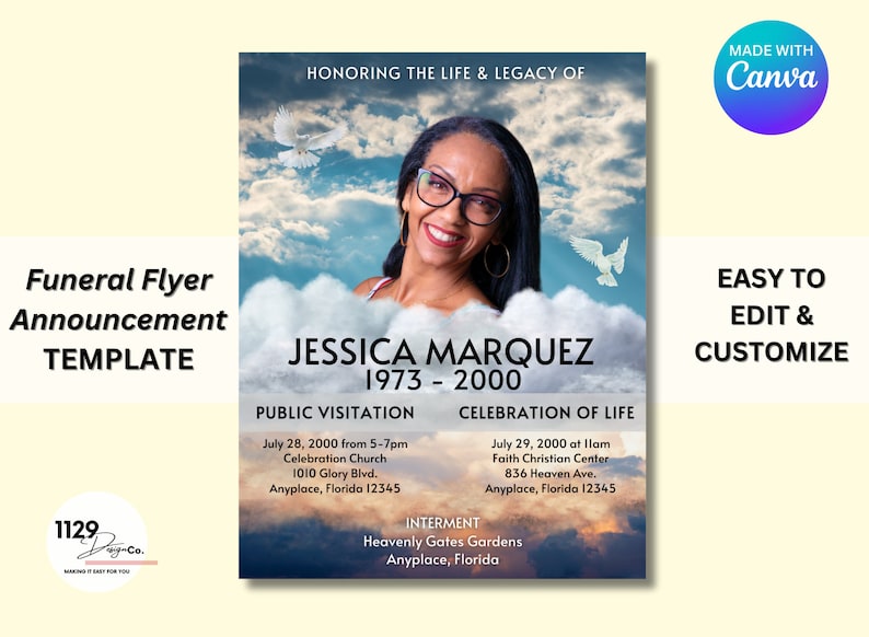 Memorial Funeral Announcement, Funeral Flyer Announcement, Memorial