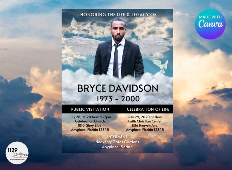 May include: A black and white memorial card with a photo of a man in a suit. The card reads "Honoring the Life & Legacy of Bryce Davidson 1973-2000". It includes details for a public visitation and celebration of life.