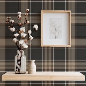 May include: A wooden shelf displays a clear glass vase with cotton stems, a small speckled vase, and a framed picture. The background is a plaid wallpaper in shades of brown, gray, and white. The framed picture has a light wood frame.
