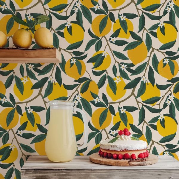 Lemon Citrus Peel and Stick Wallpaper, Kitchen Wall Decor