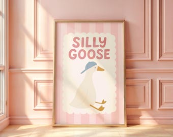 Silly Goose Print Trendy Cute Pink Wall Art Bedroom Nursery Decor Whimsical Nursery Decor for Girls Cute Pink Cottagecore Bedroom Print
