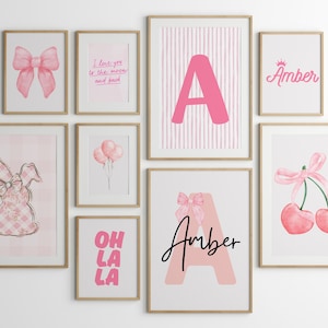 Pink Nursery Decor Prints: Custom Initial, Bow, Name Art (Digital Download)