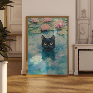 Monet Cat Funny Cat Painting Black Cat Art Floral Print Funny Cat print Home decor - Digital Print