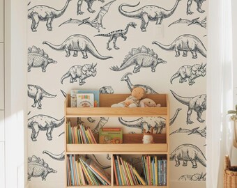 May include: A light-colored room with a dinosaur-themed wallpaper and a wooden bookshelf filled with books. The wallpaper features black and white illustrations of various dinosaurs. The bookshelf holds colorful books and a stuffed doll.
