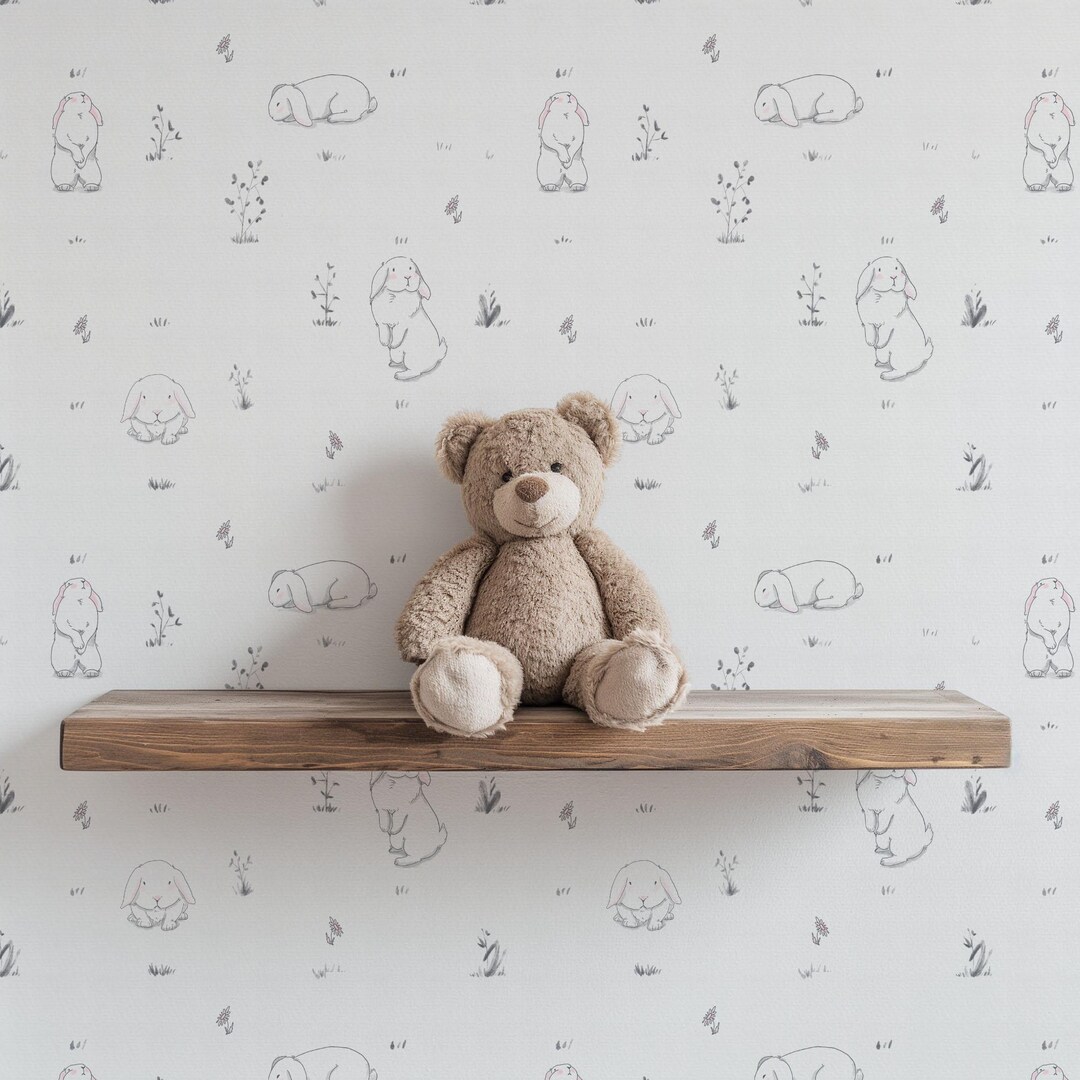 Bunny Wallpaper | Hand-drawn Rabbit Mural, Nursery Decor Peel and Stick ...