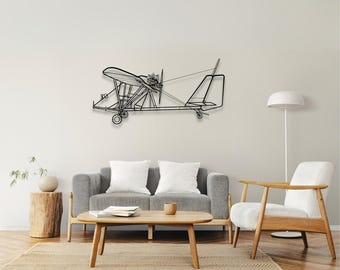 May include: A black metal wall art piece depicting a vintage airplane. The artwork features detailed outlines of the plane's structure, including the wings, propeller, and tail. The piece is mounted on a neutral-colored wall, adding a touch of aviation-themed decor.