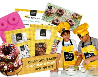 Kit de actividades para hornear deliciosos donuts de chocolate DIY de HomeBaker - Incluye delantal y tarjeta de actividades - Votado como el mejor regalo de 2024