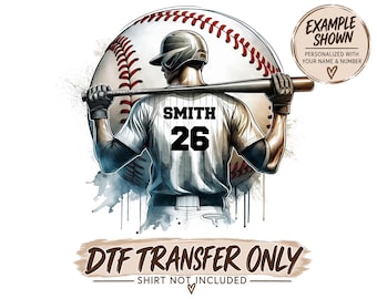 May include: A DTF transfer design featuring a baseball player from behind, wearing a pinstripe jersey with the name SMITH and number 26. The player holds a bat against a large baseball background. Text reads EXAMPLE SHOWN and DTF TRANSFER ONLY.