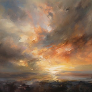 May include: A painting of a dramatic sunset over a body of water. The sky is filled with vibrant orange, yellow, and pink clouds, with a few darker gray clouds scattered throughout. The water is a calm, reflective surface, reflecting the colors of the sky.