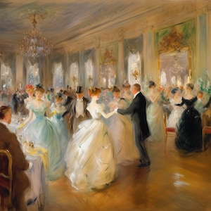 Puede incluir: Una pintura que representa una escena de un gran salón de baile con parejas bailando con atuendos elegantes. La sala está decorada con candelabros y molduras ornamentadas, creando un ambiente lujoso. La pintura captura la energía y la emoción de una reunión social formal.