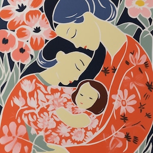 May include: A painting of two women and a baby. The women are wearing red dresses with floral patterns. The baby is being held by the woman in the front. The background is a dark blue with floral patterns.