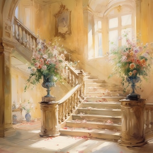 Puede incluir: Una gran escalera con escalones de mármol blanco y una barandilla de madera, decorada con arreglos florales en jarrones ornamentados. La luz del sol entra por una gran ventana, iluminando el espacio con un cálido resplandor.