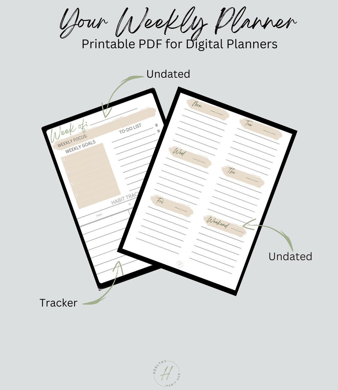 Undated Digital Planner Habit Tracker Daily Simple Weekly Digital