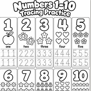 May include: A black and white educational worksheet titled Numbers 1-10 Tracing Practice. It features ten vertical columns, each displaying a large numeral, corresponding illustrations, the written word, and rows of dotted numbers for tracing.