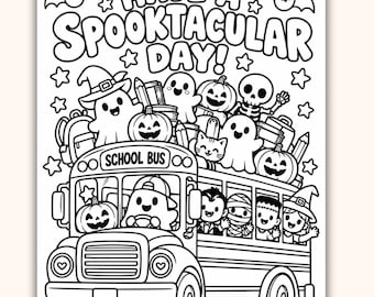 Halloween skolbuss målarbild, kusliga karaktärer, utskrivbar aktivitet (digital nedladdning)