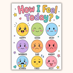 May include: A white poster titled How I Feel Today? featuring nine colorful circular emoticons with distinct facial expressions labeled Happy, Good, Okay, Worried, Sad, Angry, Scared, Tired, and Silly, decorated with small stars and hearts.