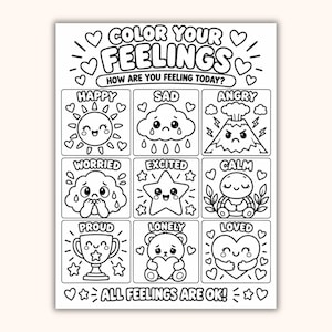 Pode incluir: Uma página de colorir em preto e branco intitulada COLOR YOUR FEELINGS com o subtítulo HOW ARE YOU FEELING TODAY? Apresenta nove quadrados com ilustrações de um sol, nuvem, vulcão, nuvem preocupada, estrela, tartaruga, troféu, urso e coração.