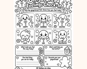 Målarbild för incheckning med pepparkakskänslor, julkänslor, arbetsblad för barn, klassrumsaktivitet (digital nedladdning)