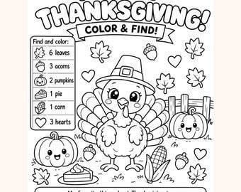Färglägg och hitta utskrivbara för Thanksgiving, kalkonmålaraktivitet, Thanksgiving-arbetsblad för barn