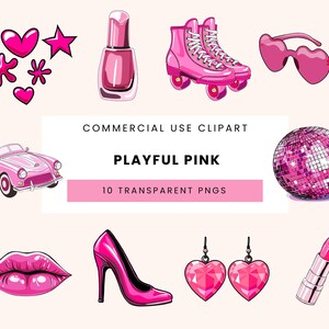 Lot de 10 cliparts PNG roses ludiques, rouge à lèvres, voiture, lumière disco, boucles d'oreilles, vernis, talons, lèvres, rollers, lunettes de soleil, tourbillons, fichier numérique