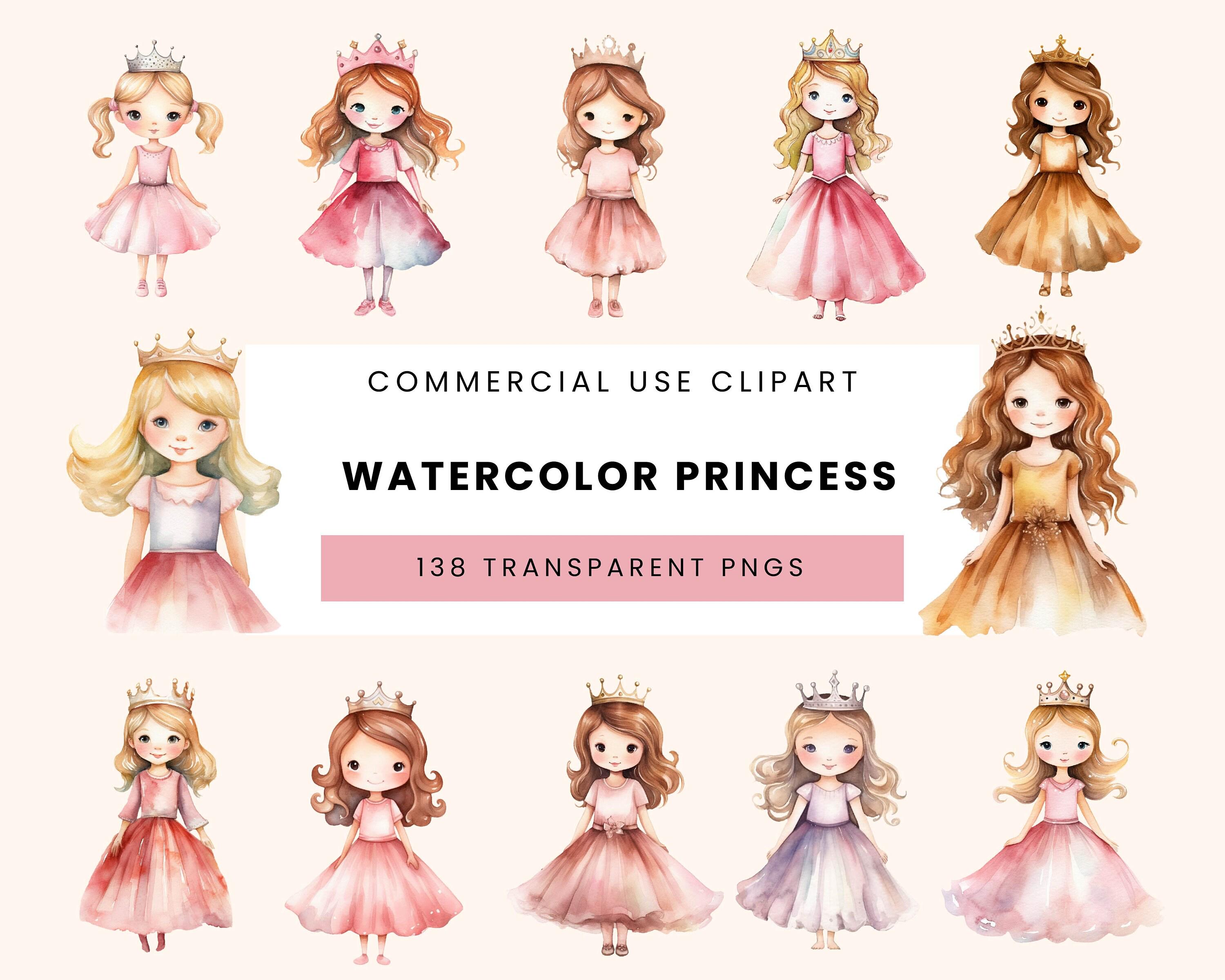 138 Watercolor Princess Clipart PNG Bundle, Fairytale, Unicorn, Prince ...