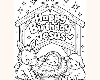 Grattis på födelsedagen Jesus målarbild, Julfestmålarbild för barn, söndagsskola (digital nedladdning)
